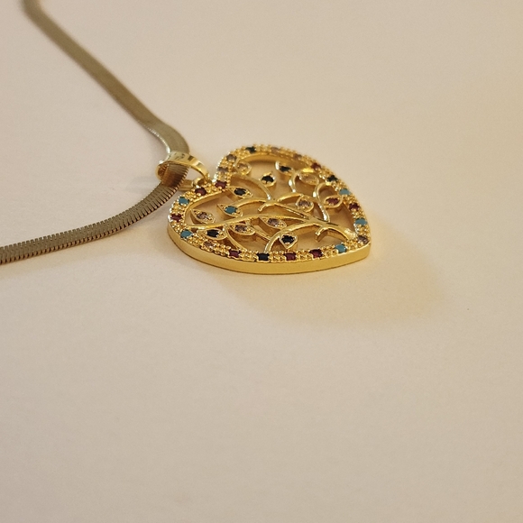 New 18K Gold Plated Multicolored Gemstones Tree Heart Necklace Pendant And Chain - Picture 4 of 7